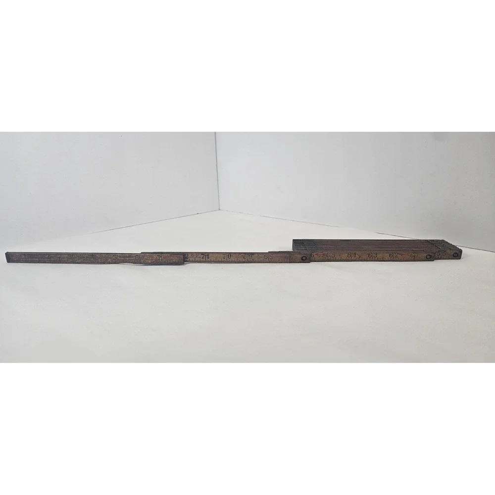 Vintage Wooden Sliding Ruler Carpenter Tool 6 Ft‎ Brass Sliders Antique USA